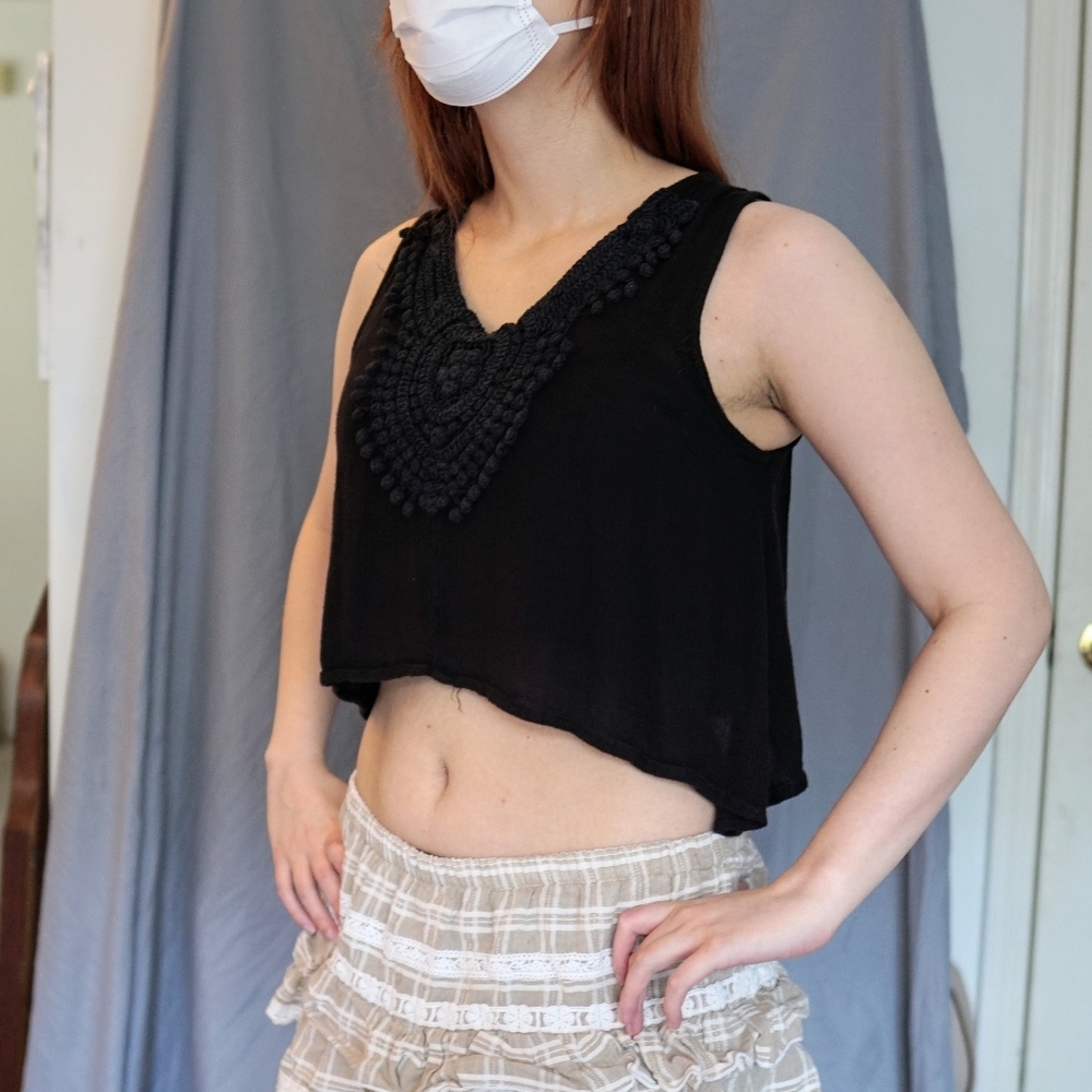 Ornate Black Crochet Collar Crop Tank
